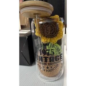 2 in1 Personalized 1975 Glass Drinking Cup & Emotional Support Crochet Sunflower